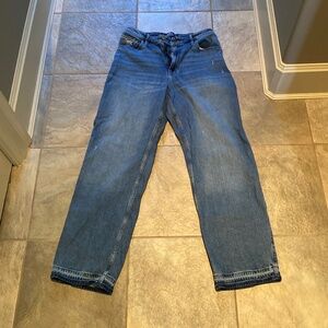 Ultra high rise denim jeans.